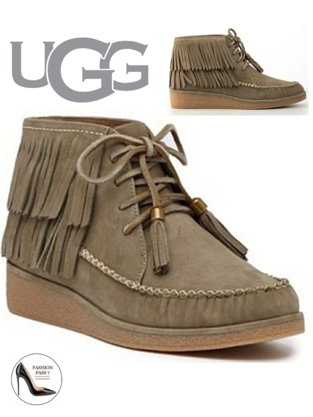 UGG CALEB MOUSE NUBUCK FRINGE MOCCASIN WEDGE ANKLE BOOTS Lace-Up Boho Booties 7
